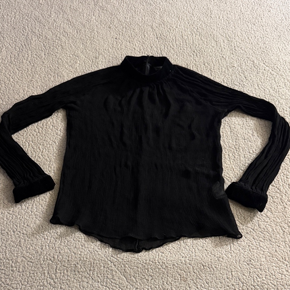 Zara Elegant Black Long Sleeve Sheer Blouse With Velvet Trim XS